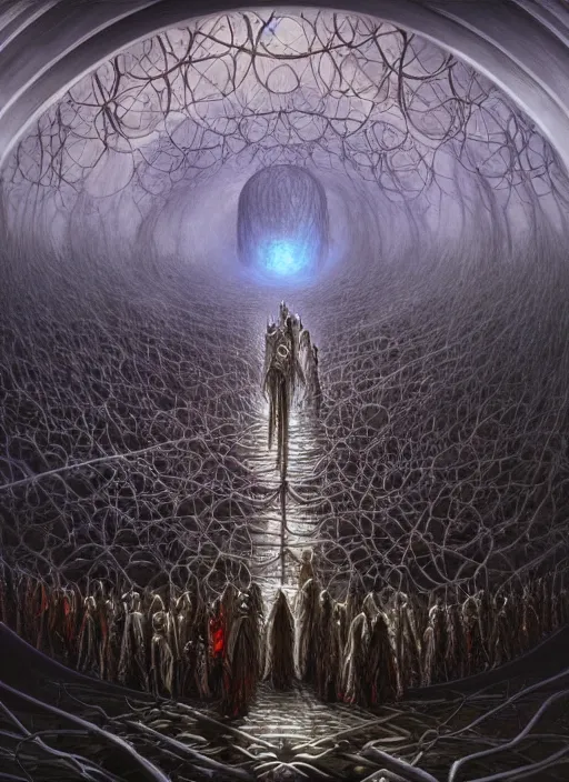 Prompt: a quantum computer surrounded by a dark cabal of multiple hooded elven mystics in long dark robes gathered in a circular formation, dan seagrave art, michael whelan, artstation, cgsociety, epic scifi fantasy art