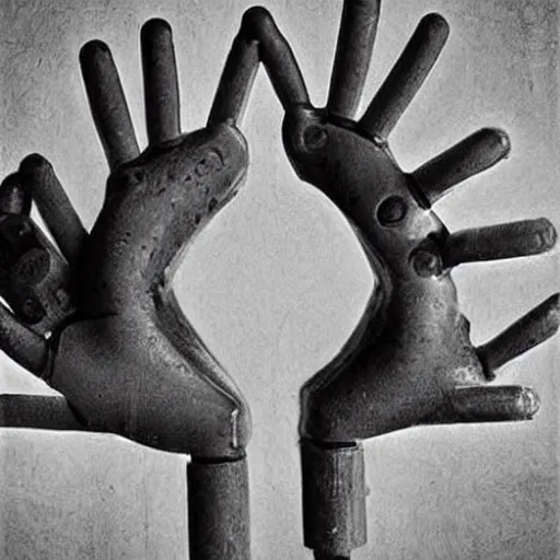 Prompt: mechanical hands, surrealist, eerie