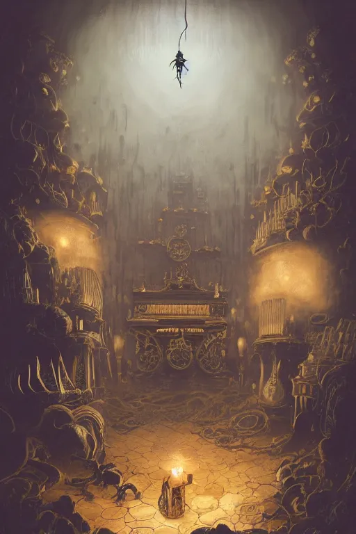 Image similar to illustration of close low angle view of an ornate obsidian gothic pipe organ with gold spidery embellishments, night, smoke, ground fog, by peter mohrbacher, by frank frazetta, by alex andreev, by vincent di fate, large depth of field, super detailed, digital art, trending on artstation, ornate