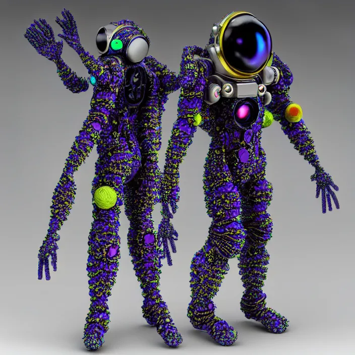 Image similar to a cybernetic symbiosis of a single astronaut mech-organic eva suit made of pearlescent wearing anodized thread knitted shiny ceramic multi colored yarn thread infected with kevlar,ferrofluid drips,carbon fiber,ceramic cracks,gaseous blob materials and diamond 3d fractal lace iridescent bubble 3d skin dotted covered with orb stalks of insectoid compound eye camera lenses orbs floats through the living room, film still from the movie directed by Denis Villeneuve with art direction by Salvador Dalí, wide lens,