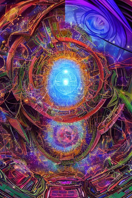 Image similar to the machine universe encounters a living cosmos inside an asymmetric orthogonal non - euclidean upside down inside out world with an infinite cosmic spiral waterfall of living information, inspired by android jones and blake foster, hyperrealistic, extreme detail, psychedelic visionary digital art, concept art, rendered in cinema 4 d, cryengine 8 k