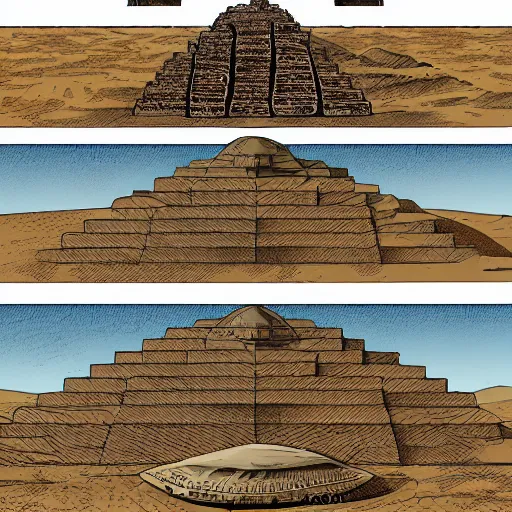 Image similar to gigantic colossal tortoise in the desert on its back pyramid ziggurat highly detailed concept art schematic, Laurie Greasley