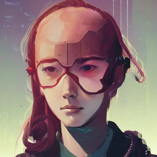 Image similar to Highly detailed portrait of a cyberpunk young lady with, freckles and wavy hair by Atey Ghailan, by Loish, by Bryan Lee O'Malley, by Cliff Chiang, by Greg Rutkowski, inspired by image comics, inspired by graphic novel cover art, inspired by nier!! Gradient color scheme ((grafitti tag brick wall background)), trending on artstation