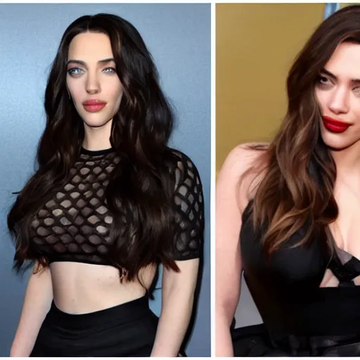 Image similar to a woman who is a genetic combination of kim kardashian and kat dennings and scarlett johansson and margot robbie and emma watson, face and upper - body focus