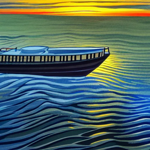 Prompt: artdeco river boat in the deep south, evening sun, intense lighting, hyper realistic, gouache