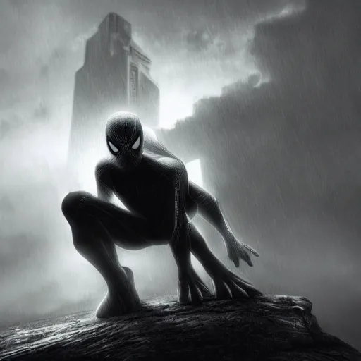 Image similar to moody atmospheric render of a white and black spiderman by leon tukker