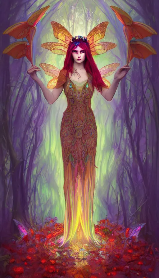 Image similar to a colorful and stunningly beautiful female faerie priestess in amanita muscaria forest landscape, symmetrical wings on back, neon hair, fantasy art, wearing a dress of gossamer gold, dark light night, sharp focus, digital painting, 4 k, concept art, art by charlie bowater and alphonse mucha, brom, face by otto schmidt