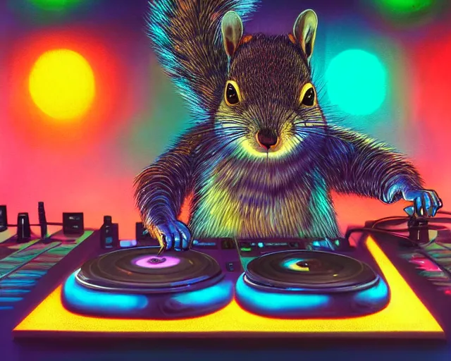 Prompt: low angle photo of an anthropomorphic squirrel dj in colored sunglasses, stadning at a dj table playing techno music at a dance club, wearing beats by dr. dre headphones, hyperrealistic, highly detailed, intricate, smoke, colored lights, fantasy character art, concept art, oil painting, illustration, by charlie bowater, artgerm, jason felix