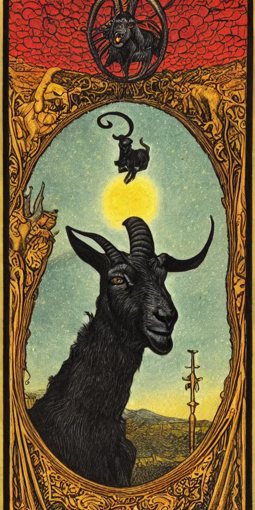 Prompt: tarot card of a goat, capricorn envisioned by johfra bosschart sky realistic stormcloud with glimpses of flares