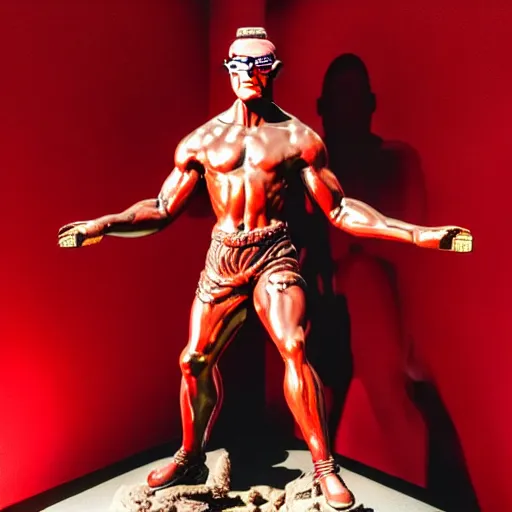 Image similar to museum van damm doing splits portrait statue monument made from porcelain brush face hand painted with iron red dragons full - length very very detailed intricate symmetrical well proportioned