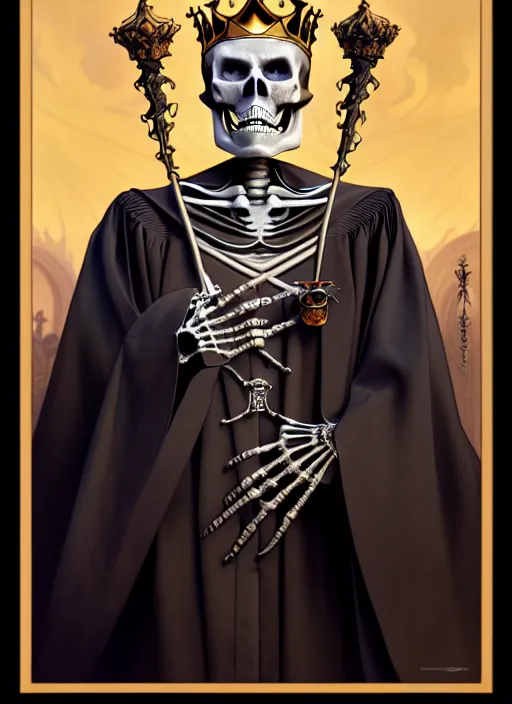 Image similar to undead skeleton king, wearing an academic gown, tarot card, highly detailed, deep focus, elegant, digital painting, smooth, sharp focus, illustration, ultra realistic, 8 k, art by artgerm and alphonse mucha and greg rutkowski