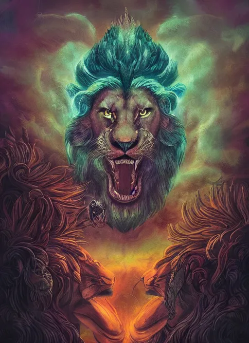 Image similar to portrait of a mythological beast with lion face and bird wings in the middle of a lush forest at night. diffuse neon light, dramatic landscape, fantasy illustration, matte painting