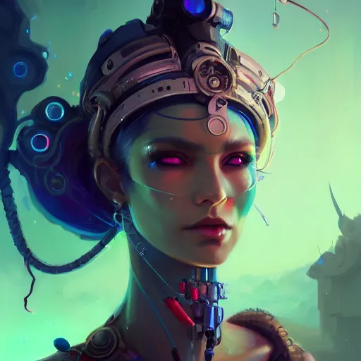 Image similar to a portrait of a beautiful cybernetic gypsy, cyberpunk concept art by pete mohrbacher and wlop and artgerm and josan gonzales, digital art, highly detailed, intricate, sci-fi, sharp focus, Trending on Artstation HQ, deviantart, unreal engine 5, 4K UHD image