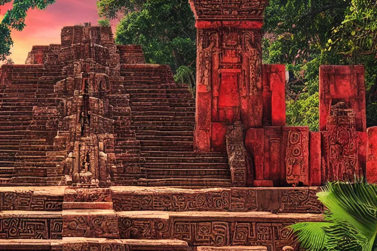 Image similar to ornate detailed aztec temple, flowing blood down steps, jungle setting, red sunset sky
