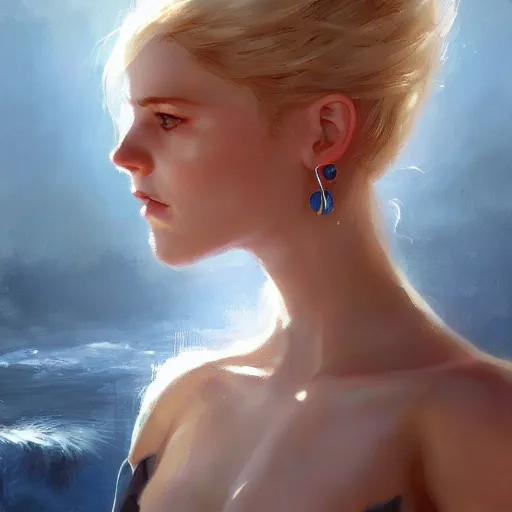 Image similar to full lentgth portrait of a young and beautiful blonde waif with piercing blue eyes, dramatic light, gorgeous view, depth, high detail, digital art, painted by greg rutkowski and vogue, trending on artstation