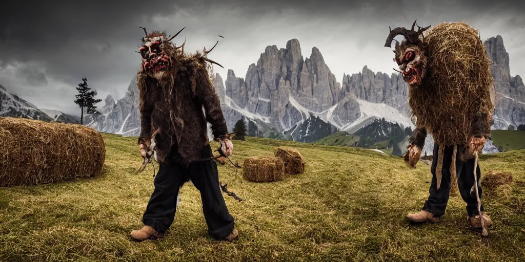 Image similar to alpine farmer transforming into hay monsters and krampus,roots and hay coat, dolomites in background, dark, eerie, despair, portrait photography, artstation, highly detailed, sharp focus, by cronneberg