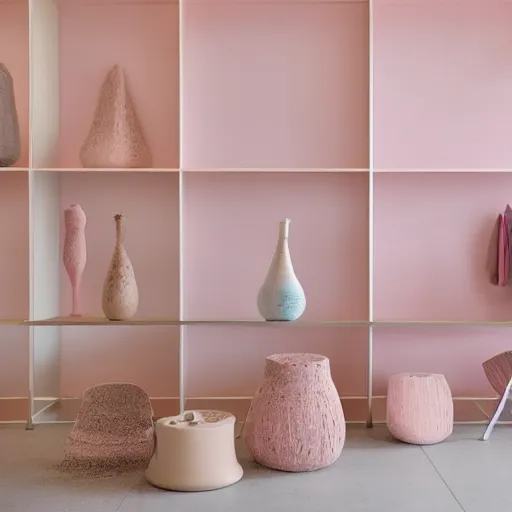 Image similar to An ultra high definition, professional photograph of an IKEA showroom located on a pastel pink beach with pastel pink, dimpled sand where every item is pastel pink. The sun can be seen rising through a window in the showroom. The showroom unit is outdoors and the floor is made of dimpled sand. Morning time indirect lighting with on location production lighting on the showroom. In the style of wallpaper magazine, Wes Anderson.