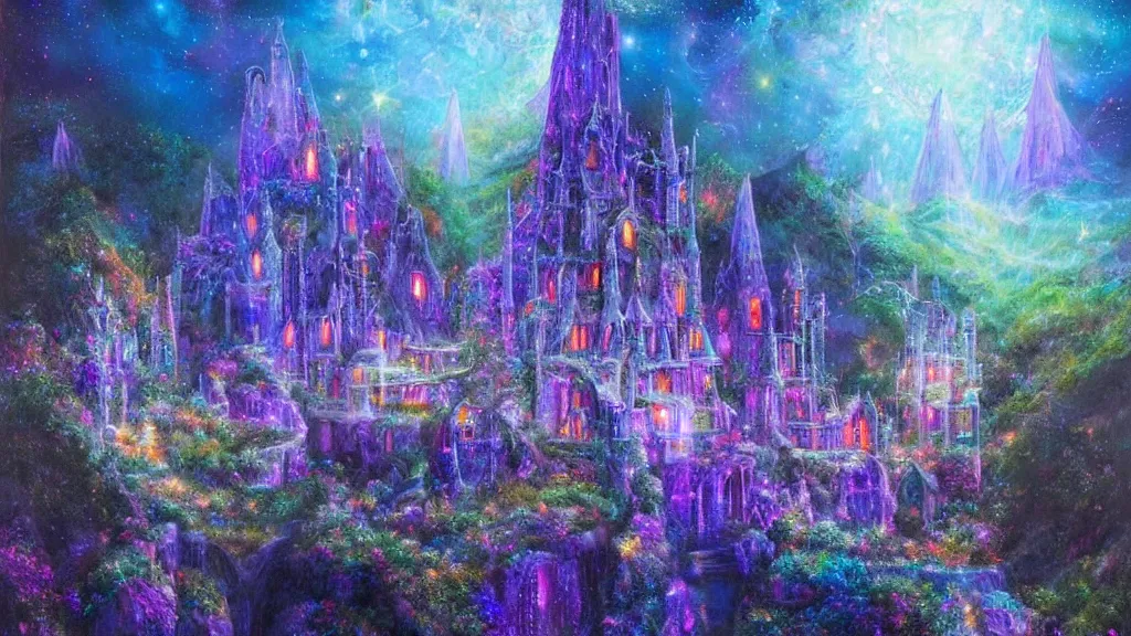 Image similar to a magical crystal castle made of light inspired by gilbert williams enveloped in trails of colorful lights around it. clean painting and auora lighting. dark blue and intense purple color palette, art by gilbert williams