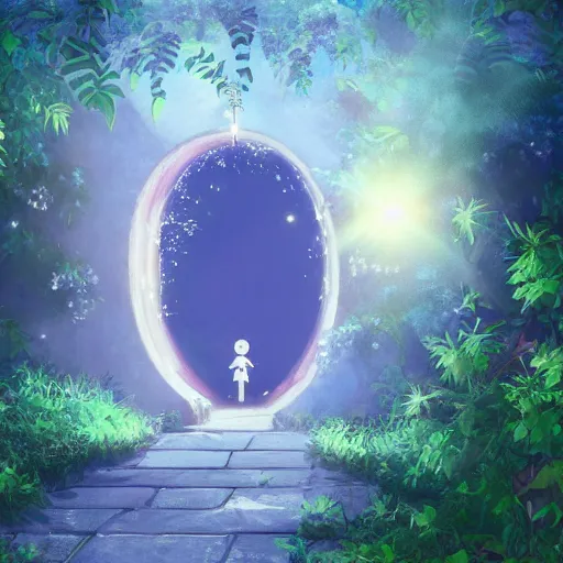 Image similar to paradise at at the end of the tunnel with a cross as the light shining into the tunnel, with pale purple and pale pink lighting, cute, aesthetic, anime, with a few vines and overgrowth, studio ghibli, cinematic, painting, high definition, digital art, symmetrical, very detailed, extremely high detail, photo realistic, concept art, unreal engine 5,