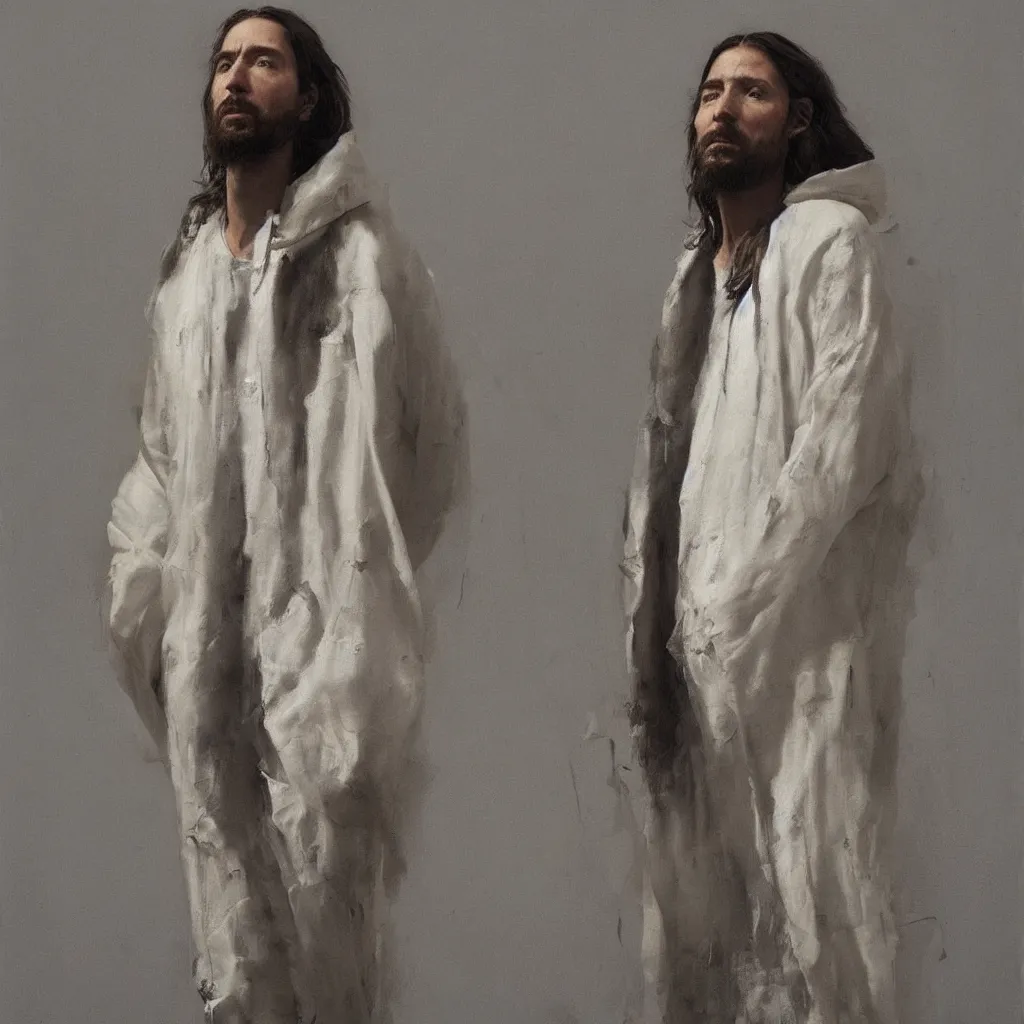 Image similar to a full body lookbook portrait of modern - day jesus wearing cream yeezy menswear collection by nicola samori, hat and hoodie, detailed, oil painting, hyper - realistic, 8 k, yeezy collection