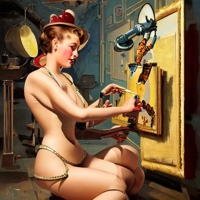 Image similar to robot artist painting a self - portrait on a canvas. intricate, highly detailed, digital matte painting in the style of gil elvgren and in the style of alexandria pyromallis. irony, recursion, inspiration.