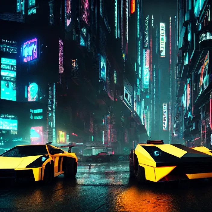 Prompt: cyberpunk car lamborgini counatch on the background of drak dirty style cyberpunk city like in blade runner film just in the syle by nicholas hiattcinematic with cinematic lighting, raytracing, 8 k, made in octane render, volumetric, vivid, beautiful art, hyperrealism