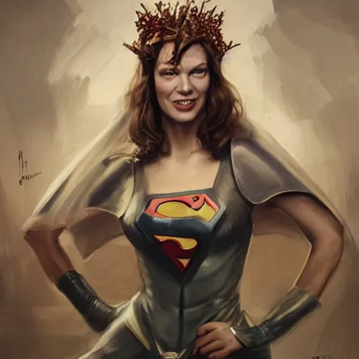 Prompt: superman as an attractive young smiling woman played by milla jovovich wearing a mushroom crown and heavy armoured wedding dress, face portrait, hd shot, digital portrait, elegant, beautiful, fantasy art, artstation, comic style, by artgerm, guy denning, jakub rozalski, magali villeneuve and charlie bowater