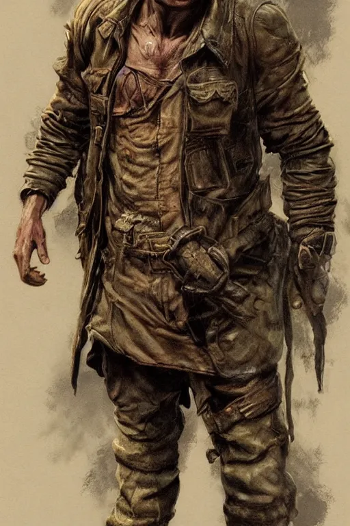 Prompt: character design, reference sheet, 4 0's adventurer, stained dirty clothing, leather bomber jacket, realistic, hyperdetailed, concept art, chiaroscuro, art frank frazetta