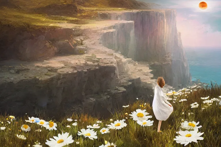 Image similar to giant white daisy flower over the head, girl standing on cliff, surreal photography, solar eclipse, milky way, dramatic light, impressionist painting, clouds, digital painting, artstation, james gilleard, liam wong, jeremy mann, simon stalenhag