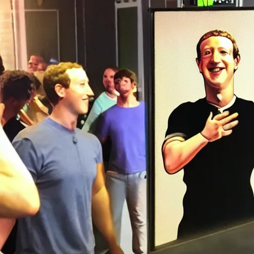 Prompt: mark zuckerberg standing straight in the middle of a club, people are dancing around him, there are toilet seats next to him, very detailed, hyper realistic.