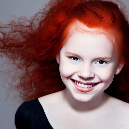 Image similar to artistic photo of a young beautiful girl with red hair looking at the camera, smiling slightly, studio lighting, award winning photo by Annie Liebowitz