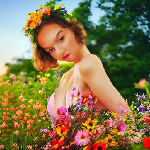 Image similar to beautiful woman built with flowers in a scenery that evokes reverie and sunset.