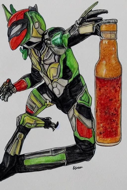 Image similar to Kamen Rider drinking hot sauce, pencil and watercolor