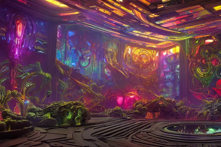 Image similar to a beautiful painting of an elaborate utopian sci - fi scene painted by hr giger and lisa frank, detailed, unreal engine, 4 k octane render, raytracing, volumetric lighting, epic, shadows,