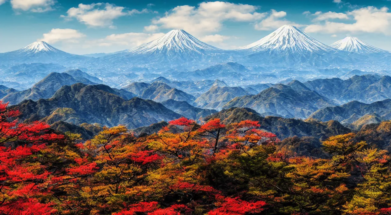 Image similar to majestic mountain landscape of japan, high definition, high detail, 8k, photorealistic,