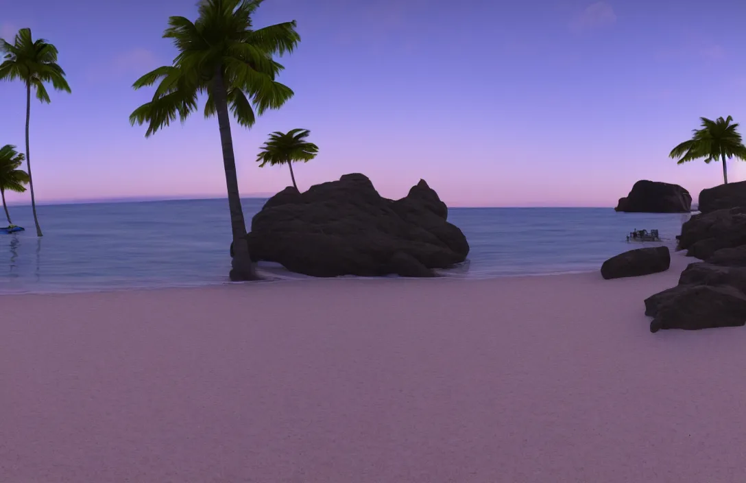 Image similar to on the beach by the sea, at night, unreal engine rendering