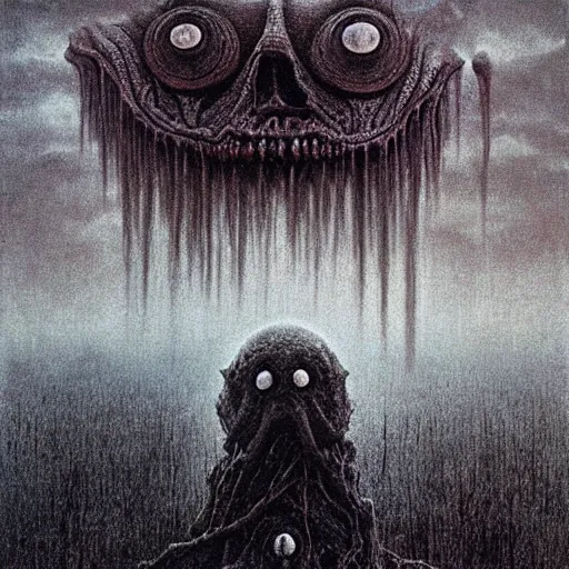 Image similar to kuriboh beksinski, eldritch, apocalypse, creepy creature, horror spooky