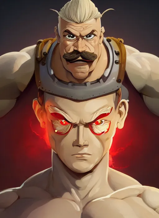 Prompt: massive musculated athlete with a blond mustache and red glowing eyes, art by studio ghibli, aenaluck, and j. c. leyendecker and greg rutkowski and artgerm and ilya kuvshinov, portrait, d & d, fantasy, highly detailed, digital painting, headshot, trending on artstation, concept art, sharp focus, illustration