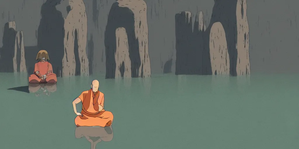 Image similar to a realistic cell - shaded studio ghibli concept art from paprika ( 2 0 0 6 ) of a monk meditating and a small mammoth from close encounters of the third kind ( 1 9 7 7 ) in a flooded monument valley stonehenge. very dull colors, wide shot, hd, 4 k, hq