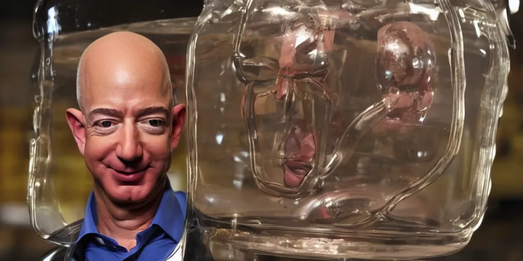 Image similar to jeff bezos's head in one of those jar things from futurama