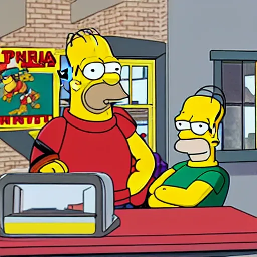 Prompt: homer simpson delivers pizza to the teenage mutant ninja turtles