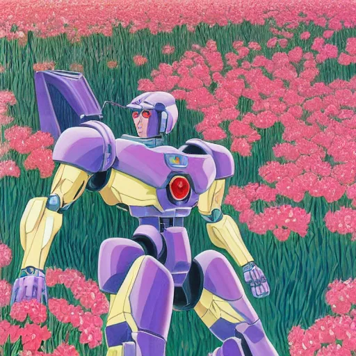 Image similar to a beautiful painting of a muscular humanoid mecha enemy stand in a field of flowers by hiroshi nagai and hirohiko araki, detailed line art