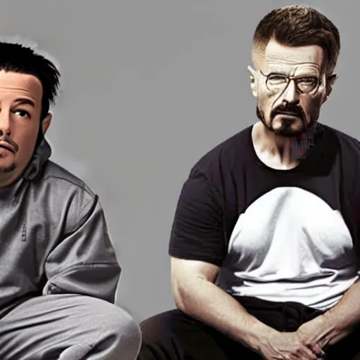 Prompt: a thicc transman with gray sweatpants, and black shirt, sitting with walter white in breaking bad