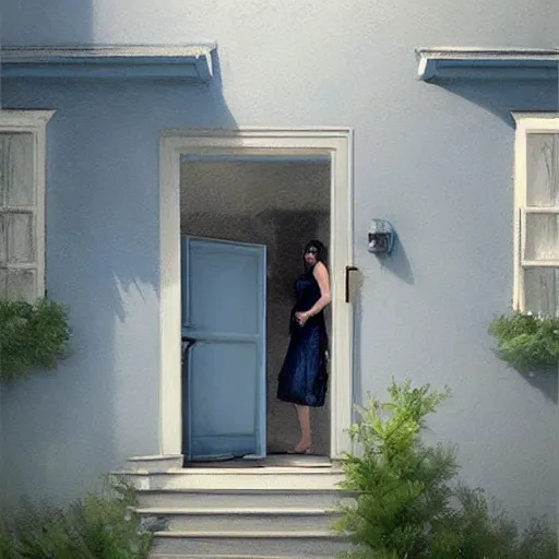 Prompt: two people outside the door of a small suburban house, dusty blue. beautiful painting by artgerm and greg rutkowski