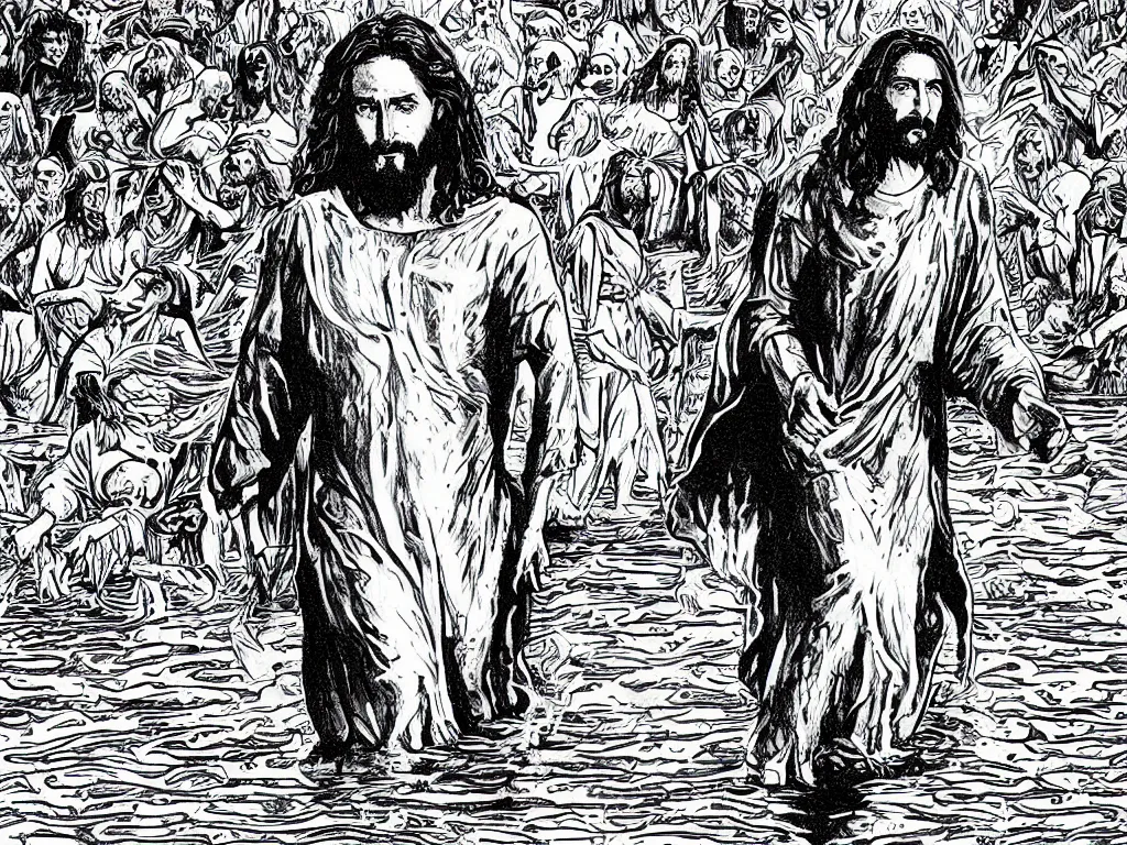 Image similar to jesus walking on water, drawing by alan moore,