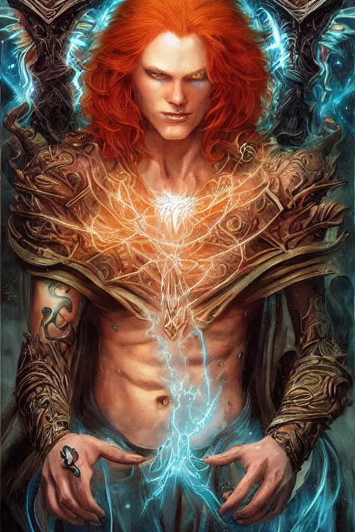 Image similar to young male redhead Spellcaster standing, a spell glowing between his hands, with glowing runes tattoos on him, D&D dark fantasy style, sharp focus, ultra detailed, art by Artgerm and Peter Andrew Jones, Karol Bak, Ayami Kojima, Amano and Olivier Ledroit