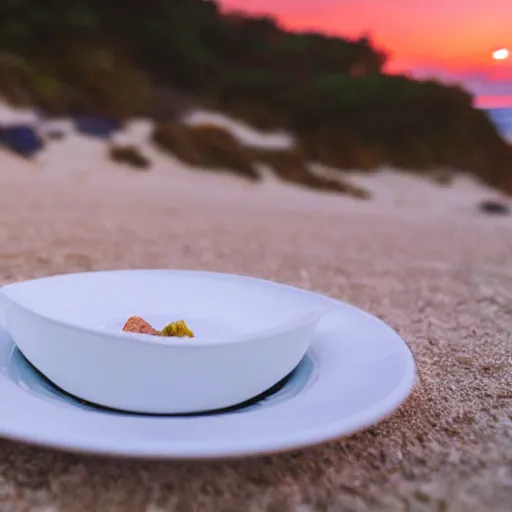 Image similar to professional photo of an empty white dish over a table with a sunset on the beach in the background