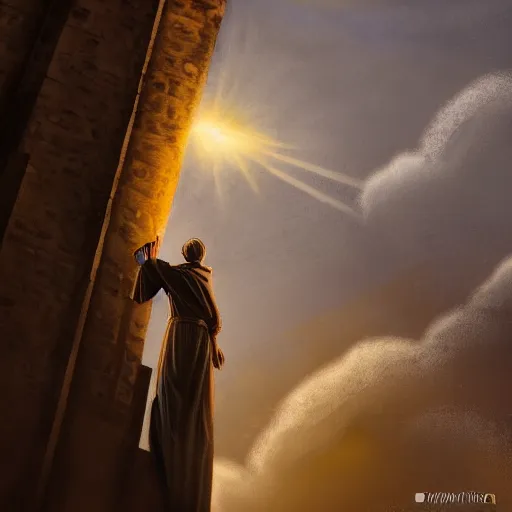 Image similar to A terrified young catholic priest at the top of a medieval tower watching in fear as an ominous yellow shadow descends upon him from the night sky. He is fervently praying but his eyes are wide open with fear. Low angle angle, dramatic lighting. Award-winning digital art, trending on ArtStation