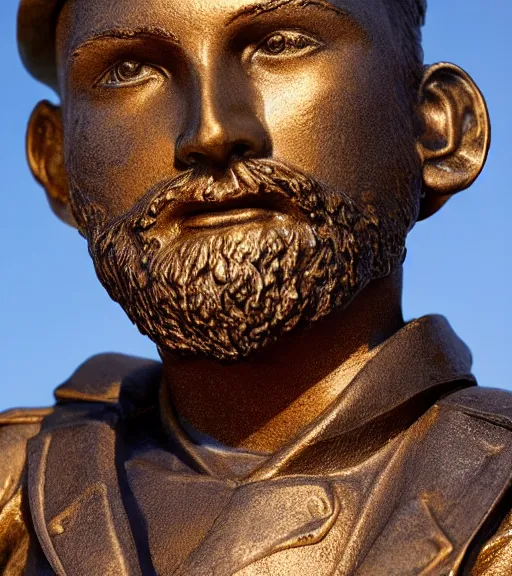 Image similar to a 4 k photorealistic photo medium shot waist up of a bronze statue of a young american soldier with a beard in a park