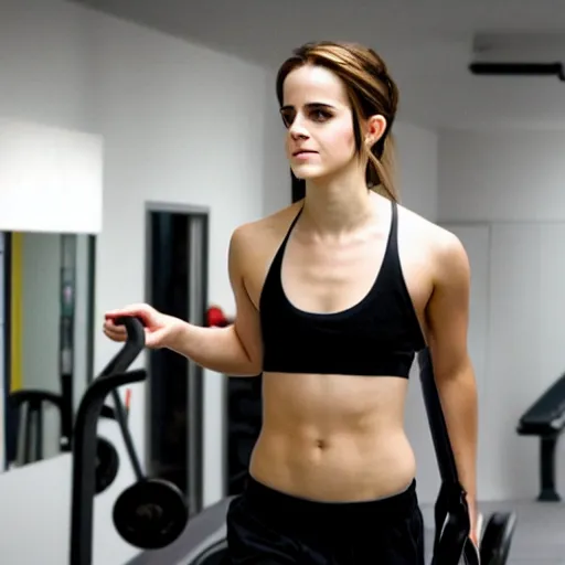 Prompt: emma watson working out in a gym, tight sporting clothes, warm lighting, depth of field